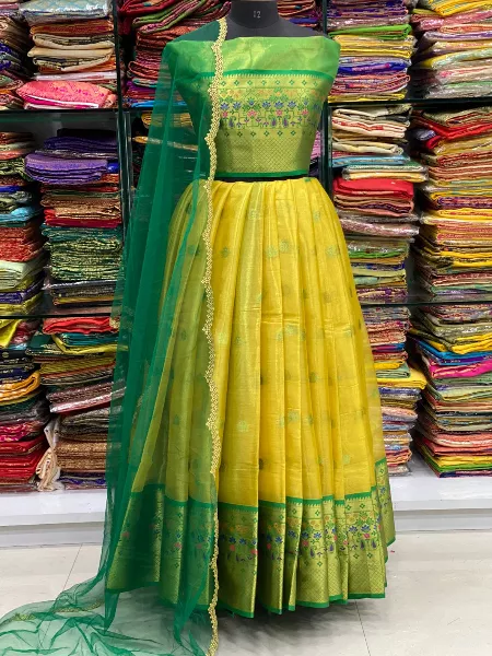 Half Saree Lehenga With Pavadai Dhavani in Yellow Color Lehenga With Green Blouse and Dupatta