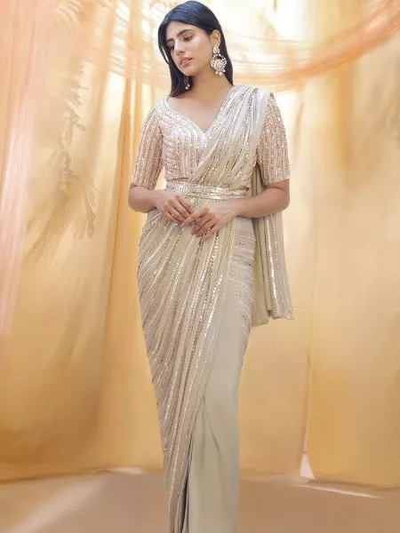Cream Color Bollywood Saree in Georgette With Sequence Work and Blouse