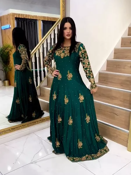 Ramadan Eid Special Green Color Gown With Dupatta and Embroidery Work
