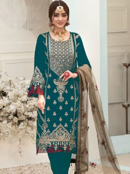 Ramadan Eid Pakistani Suit in Rama Color Velvet With Heavy Embroidery Work