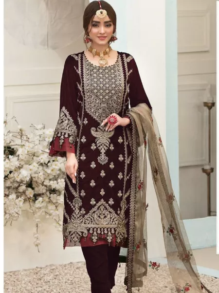 Ramadan Eid Pakistani Suit in Wine Color Velvet With Heavy Embroidery Work