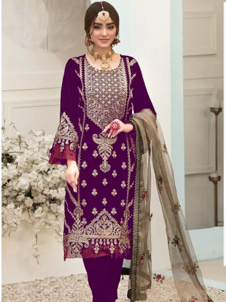 Ramadan Eid Pakistani Suit in Purple Color Velvet With Heavy Embroidery Work