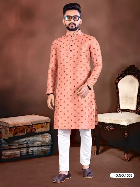 Peach Men's Traditional Kurta Pajama Set in Jacquard Silk for Ramadan Eid Men's Kurta