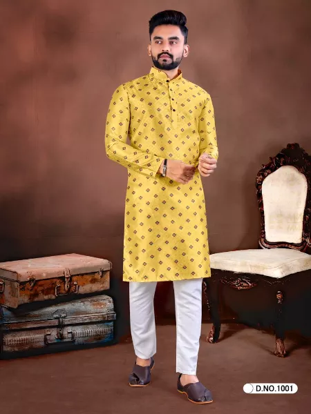 Yellow Men's Traditional Kurta Pajama Set in Jacquard Silk for Ramadan Eid Men's Kurta