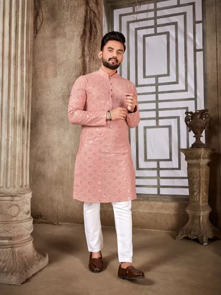 Peach Color Men's Traditional Kurta With Pajama in Cotton With Mirror Work Eid Special Men's Kurta