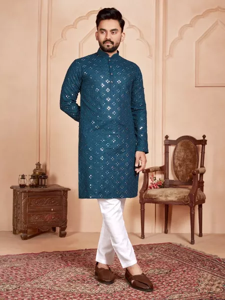 Rama Color Men's Traditional Kurta With Pajama in Cotton With Mirror Work Eid Special Men's Kurta