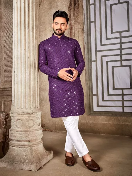 Purple Color Men's Traditional Kurta With Pajama in Cotton With Mirror Work Eid Special Men's Kurta