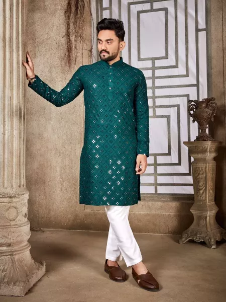 Green Color Men's Traditional Kurta With Pajama in Cotton With Mirror Work Eid Special Men's Kurta