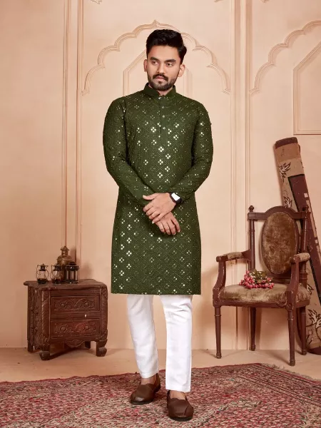 Mehendi Color Men's Traditional Kurta With Pajama in Cotton With Mirror Work Eid Special Men's Kurta