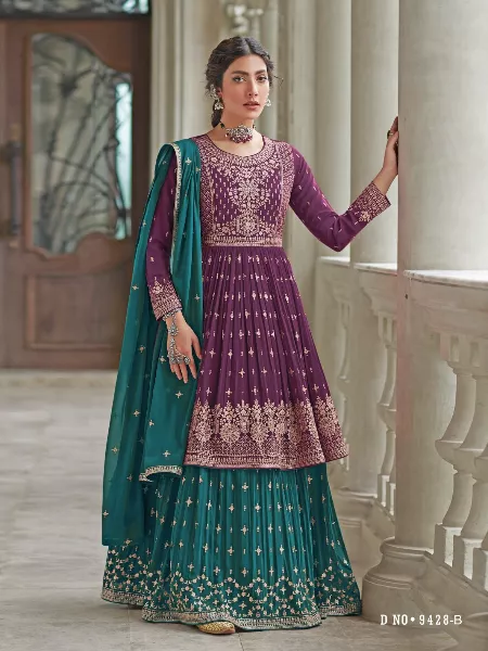 Eid Festival Purple Top With Rama Lehenga and Dupatta With Heavy Embroidery