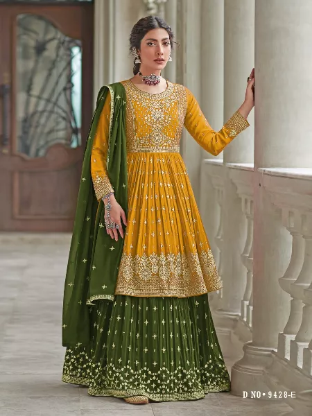 Eid Festival Online Shopping Yellow Top With Mehendi Lehenga and Dupatta With Heavy Embroidery