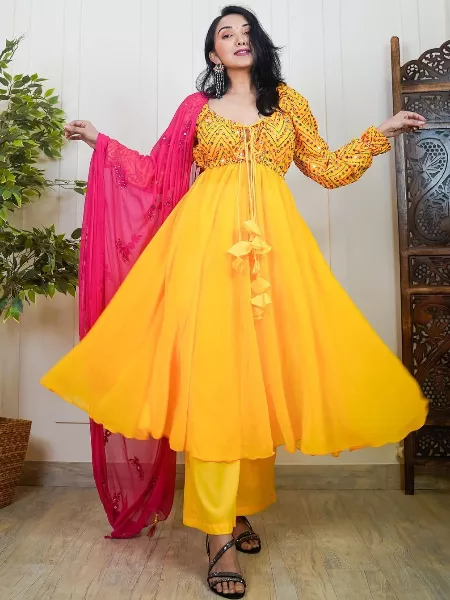 Haldi Ceremony Yellow Salwar Suit in Georgette With Sequence Embroidery