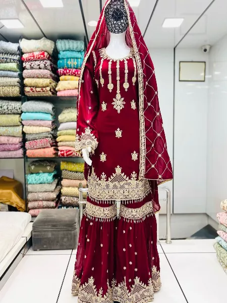 Eid Festival Wear Maroon Sharara Suit With Heavy Embroidery and Dupatta