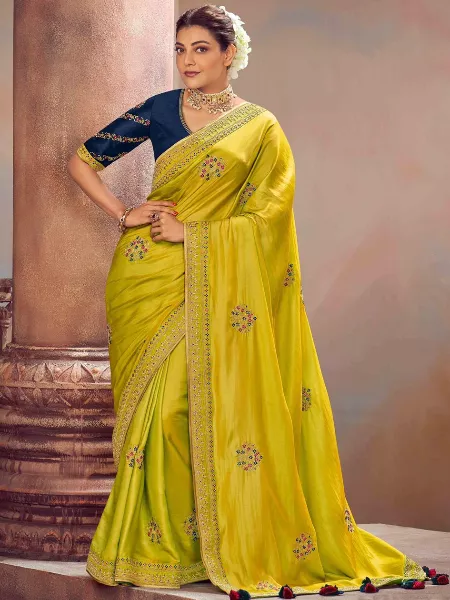 Kajal Agarwal Bollywood Saree in Light Yellow Chiffon Fabric With Colorful Embroidery