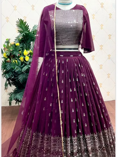 Wine Color Georgette Readymade Lehenga Choli With Dupatta for Party and Reception