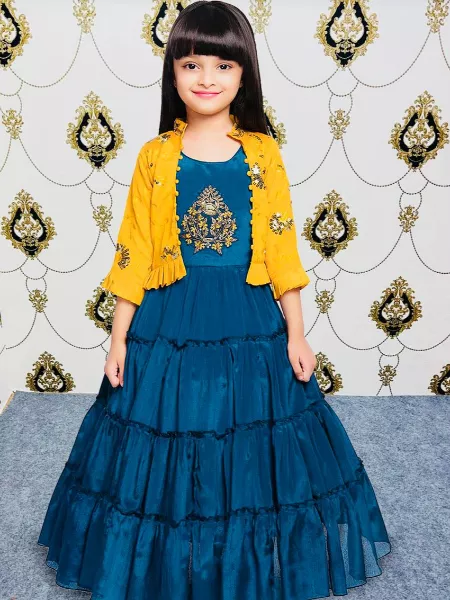 Designer Kids Gown in Rama Color Vichitra Silk with Sequence Embroidery Jacket