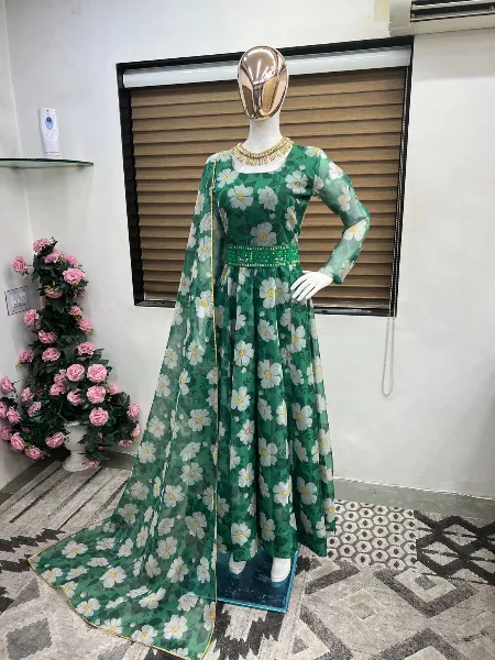 Eid Festival Special Green Color Gown in Organza With Digital Print and Belt