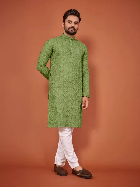 Festival Special Wear Men Kurta in Cotton With Heavy Chicken Embroidery Work and Pajama in Green 
