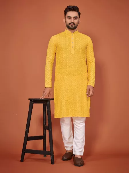Festival Special Wear Men Kurta in Cotton With Heavy Chicken Embroidery Work and Pajama in Yellow 