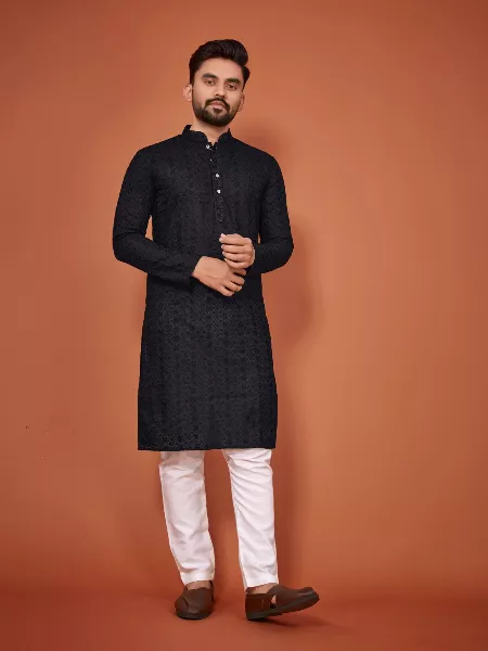 Festival Special Wear Men Kurta in Cotton With Heavy Chicken Embroidery Work and Pajama in Black 