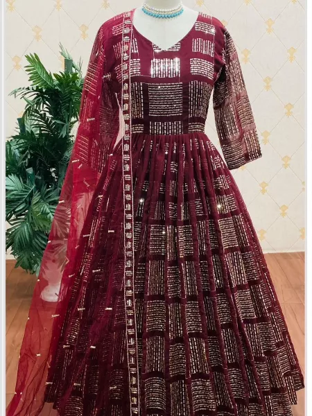 Ramadan Eid Gown in Maroon Color Georgette With Beautiful Sequence Work