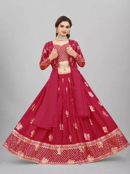 Rani Pink Bridal Lehenga Choli for Indian Wedding in Chanderi Cotton With Embroidery