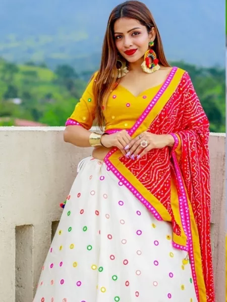 Navaratri Chaniya Choli in White and Yellow With Paper Mirror and Embroidery in Pure Cotton