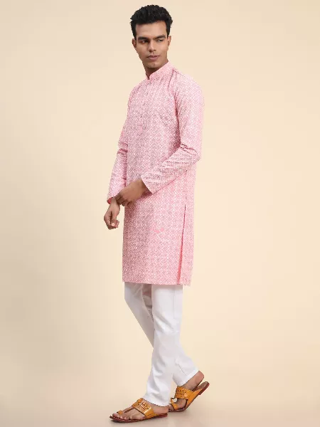 Ramadan Eid Party Wear Mens Kurta in Cotton With Chikankari Work Light Pink Mens Kurta for Eid