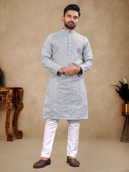 Grey Color Thai Silk Men's Traditional Kurta for Party and Wedding Function