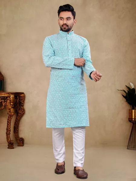 Sky Blue Thai Silk Men's Traditional Kurta for Party and Wedding Function