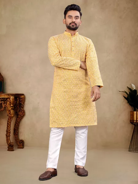 Yellow Color Thai Silk Men's Traditional Kurta for Party and Wedding Function