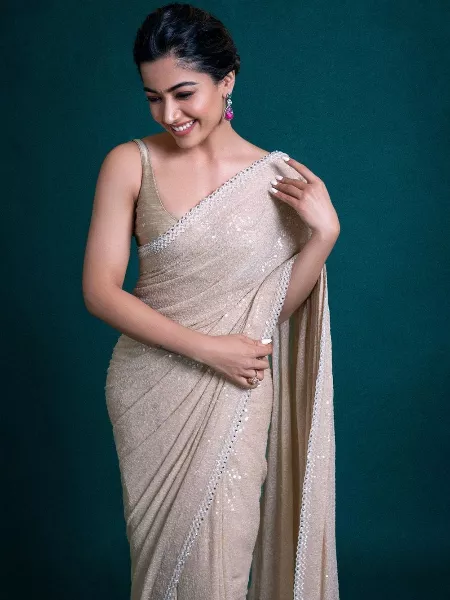 Rashmika Mandanna Saree in White Georgette With Heavy Sequence Work Bollywood Saree