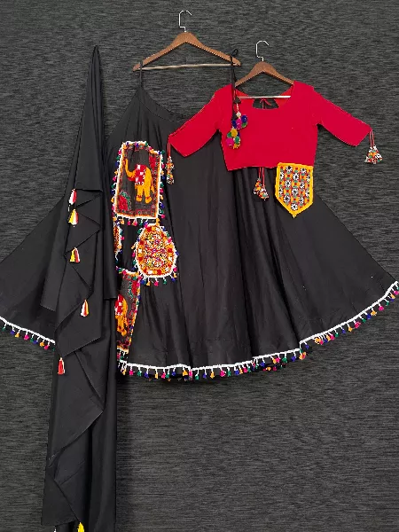 Navaratri Lehenga Choli in Black Color Cotton With Embroidery Navratri Special Readymade Lehenga Choli