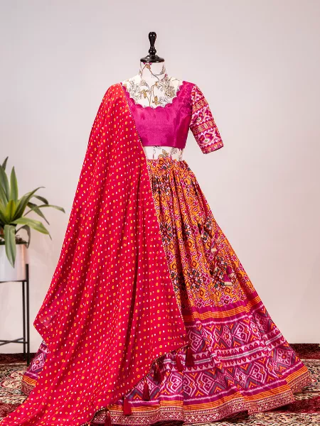 Pink Color Indian Lehenga Choli With Laheriya and Patola Print and Dupatta