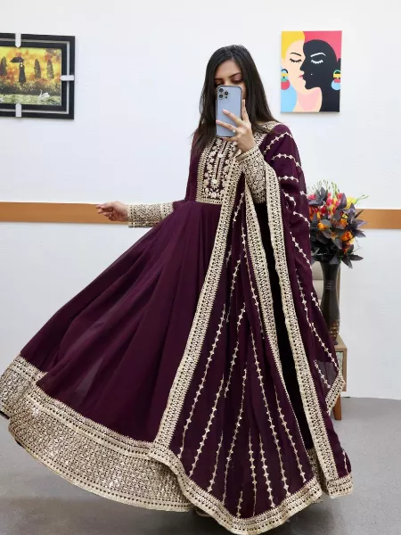 Purple Color Indian Designer Gown With Embroidery in Georgette With Dupatta