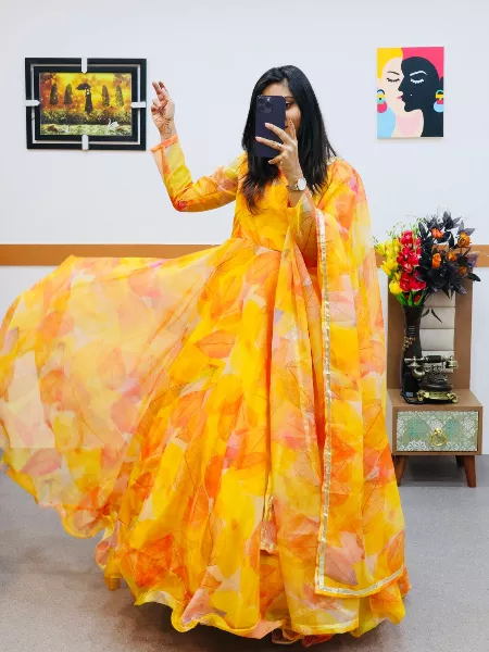 Yellow Designer Organza Gown With Digital Print and Dupatta for Party Wear