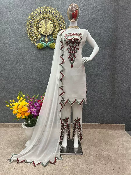 Designer White Salwar Kameez With Fancy Embroidery Cut Work Border and Dupatta