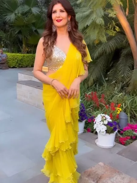 Yellow Boutique Style Ruffle Saree With Sequence Work Blouse Bollywood Sari