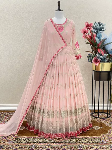 Light Pink Color Heavy Designer Gown in Georgette With Sequence and Dupatta
