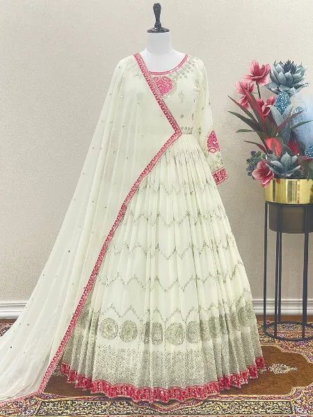 White Color Heavy Designer Gown in Georgette With Sequence and Dupatta