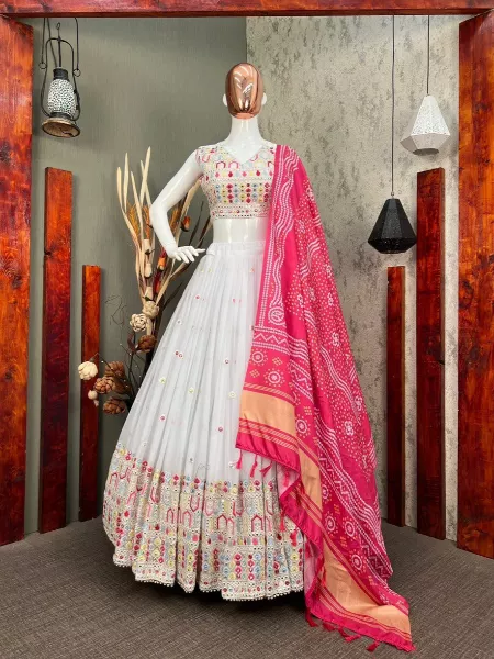 White Color Designer Lehenga Choli in Georgette With Cotton Thread Embroidery