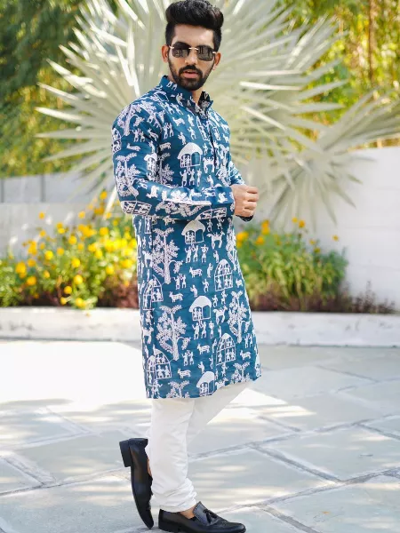 Rama Color Soft Parbon Silk Mens Kurta With Beautiful Embroidery Indian Festival Wear Men's Kurta Pajama