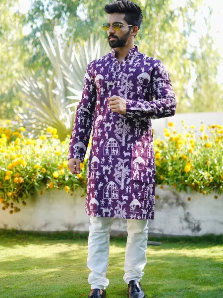Purple Color Soft Parbon Silk Mens Kurta With Beautiful Embroidery Indian Festival Wear Men's Kurta Pajama