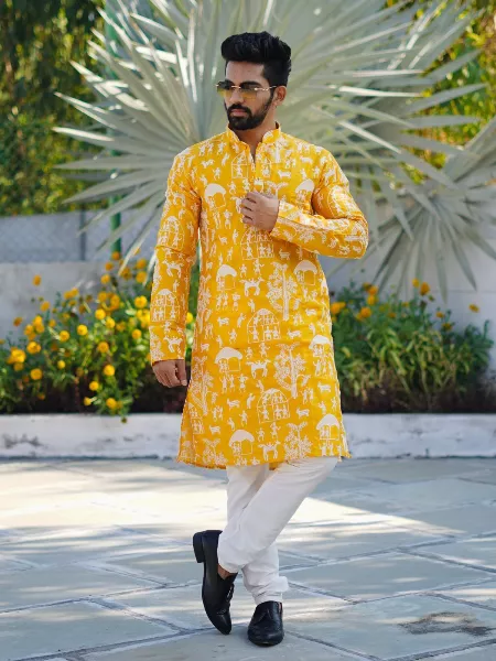 Yellow Color Soft Parbon Silk Mens Kurta With Beautiful Embroidery Indian Festival Wear Men's Kurta Pajama