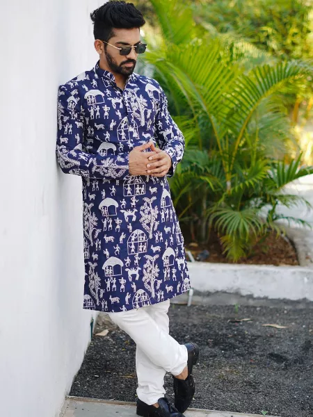 Blue Color Soft Parbon Silk Mens Kurta With Beautiful Embroidery Indian Festival Wear Men's Kurta Pajama