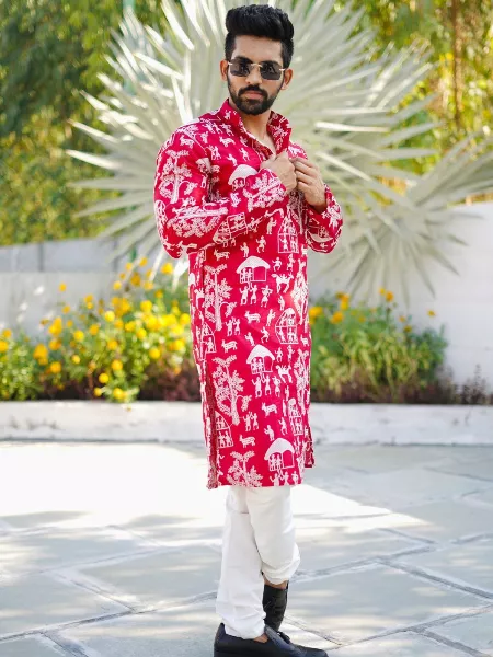 Pink Color Soft Parbon Silk Mens Kurta With Beautiful Embroidery Indian Festival Wear Men's Kurta Pajama