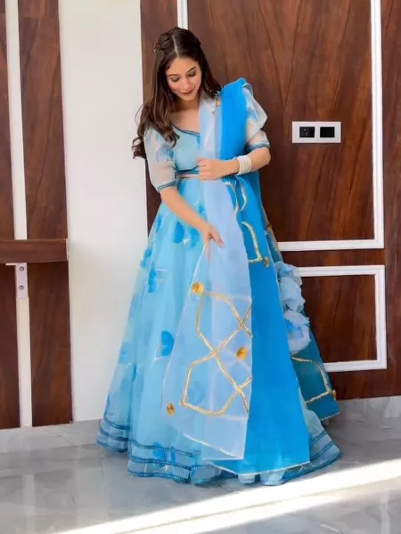 Sky Blue Organza Lehenga Choli With Floral Print and Embroidery With Dupatta