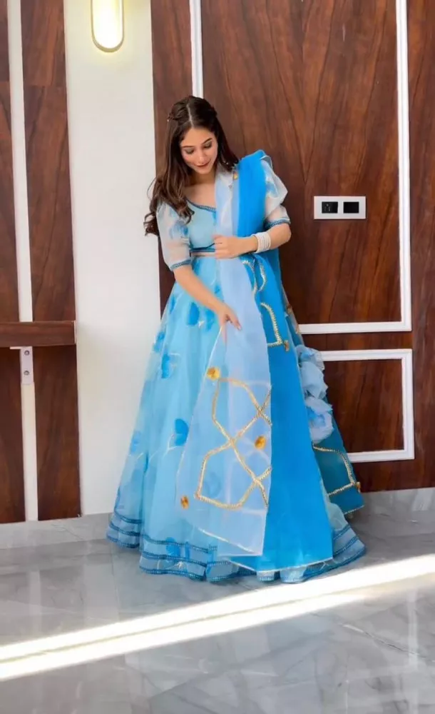 blue glow handpainted organza lehenga choli set - Buy Designer Ethnic Wear  for Women Online in India - Idaho Clothing