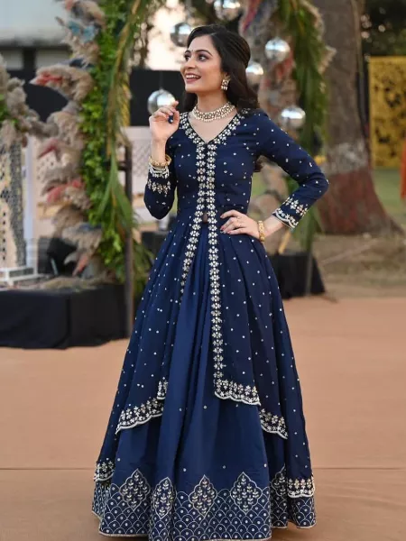 Navy Blue Designer Indo Western With Embroidery Work and Sequence