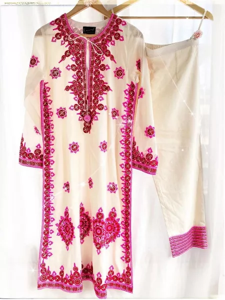 White Top Palazzo Suit in Georgette With Fancy Pink Embroidery and Dupatta